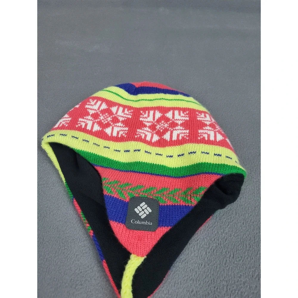 Columbia Knit Beanie Youth One Size‎ Red Earflap Nordic Snowflake Omni Heat Cap